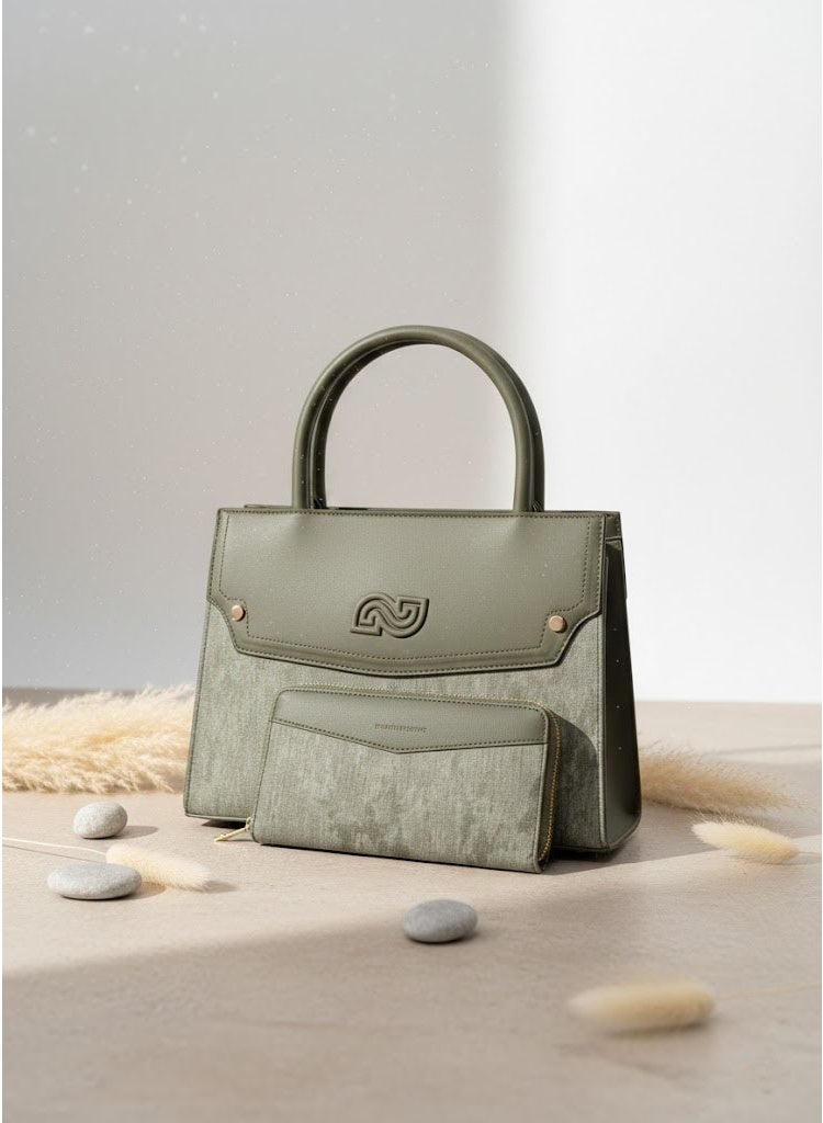 FUMES Army green Women’s Satchel Handbag with Matching Small Wallet – Structured Design, Solid Textured Finish, Elegant Office & Daily Carry Bag - Image 2